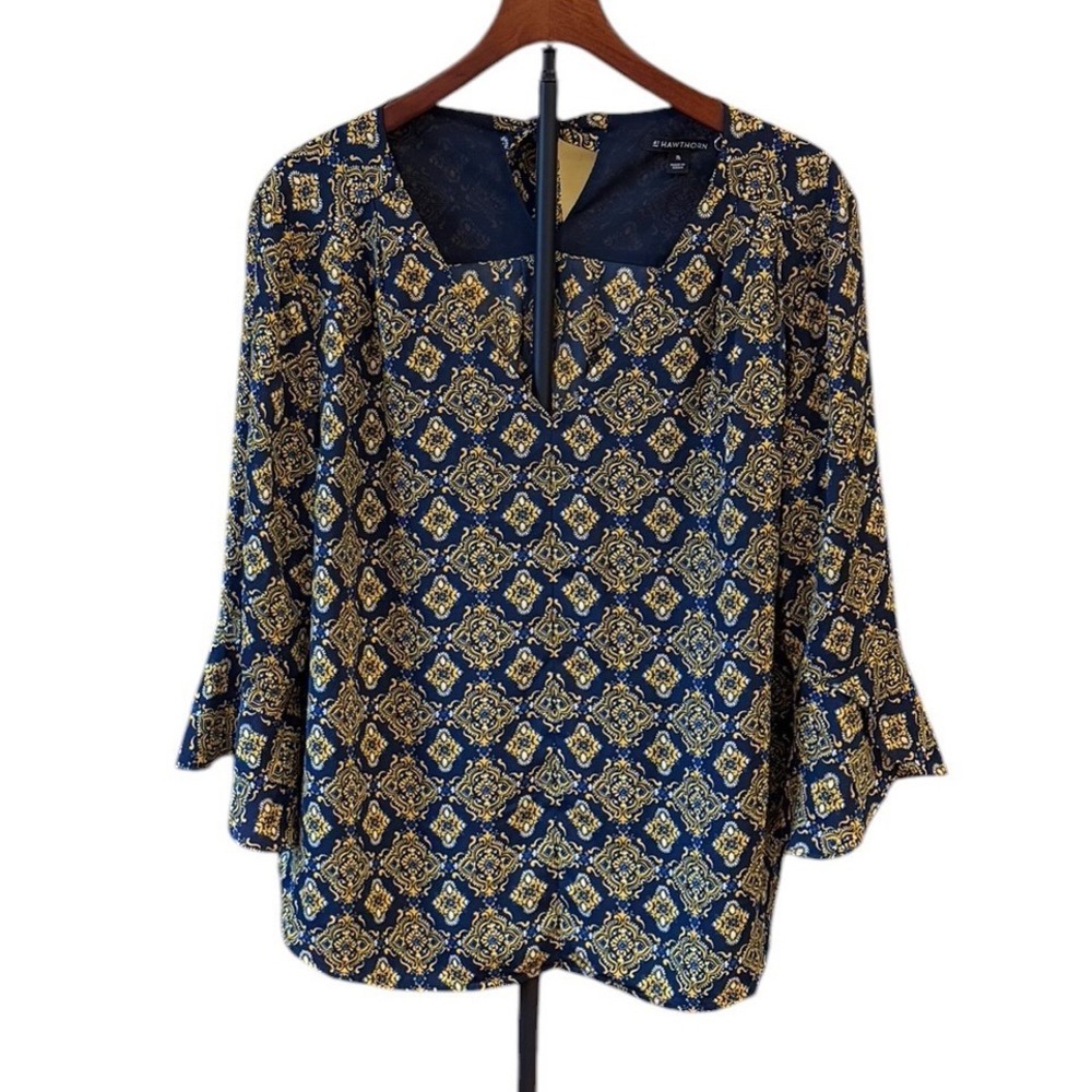 Career 41 Hawthorn Navy Yellow Medallion Print Bell Sleeve Tie Back Blouse XL